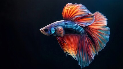 Fototapeta premium A vibrant betta fish with flowing fins, showcasing a beautiful mix of colors, swimming gracefully against a dark background.