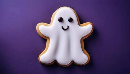 Adorable Smiling Ghost Shaped Halloween Sugar Cookie with White Frosting on a Vibrant Purple Background. Festive, Fun, and Kid Friendly Treat for Spooky Celebrations and Seasonal Bakery Advertising