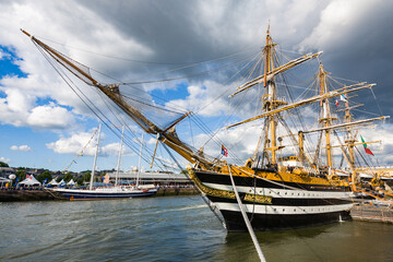 ROUEN, NORMANDY, FRANCE: bowsprit of Italian Navy Amerigo Vespucci, a full-rigged three-masted...