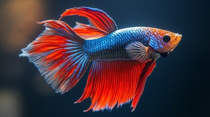 Fototapeta premium A vibrant betta fish with striking blue and red fins gracefully swims against a dark background, showcasing its colorful and elegant appearance.