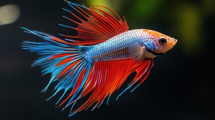 A vibrant betta fish with striking blue and red fins swims gracefully in an aquarium, showcasing its colorful beauty and delicate features.