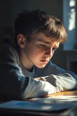 Obraz premium A Caucasian schoolboy at his desk, visibly upset, sunlight streaming through the window, creating a soft, serene contrast to his troubled mood.