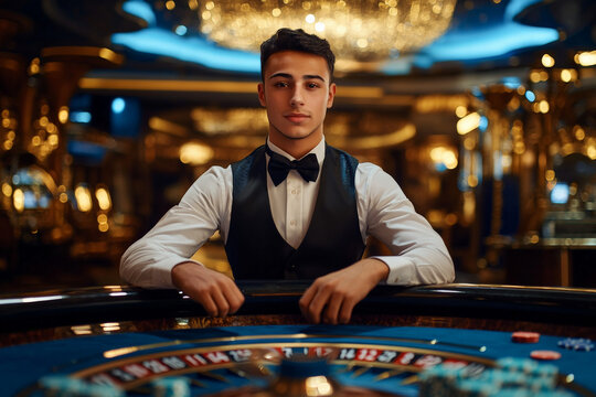 A young adult Arabian croupier in a sophisticated casino, standing behind the roulette table with confidence, surrounded by the luxurious blue and gold ambiance.