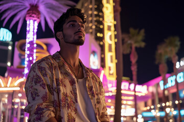 Obraz premium A young adult Brazilian man, dressed in a stylish outfit, confidently stands amidst the iconic neon lights of Las Vegas. The luxurious casino entrance and lively palm trees create a thrilling