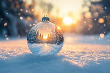 Magical Winter Scene with a Glass Christmas Ornament Reflecting a Snowy Sunset Landscape