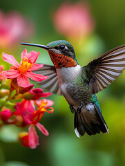 Fototapeta premium A mockingbird emerges from a vibrant flower, its feathers shining under sunlight, symbolizing nature's beauty and resilience, captivating observers with its enchanting presence.