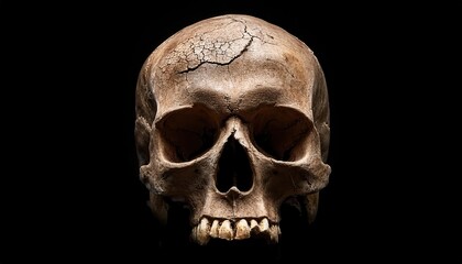 Obraz premium Cracked Human Skull in Dramatic Lighting. Symbolic Representation of Mortality and Fragility on a Dark Background. Theme Design Halloween