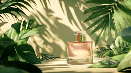 A delicate perfume bottle surrounded by lush green leaves and soft shadows, evoking a sense of freshness and nature.
