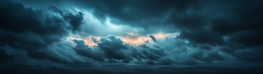 Obraz premium A dramatic skyline with dark clouds hovering above, the scene illuminated by soft light breaking through the mist. A cinematic atmosphere full of intensity and depth.