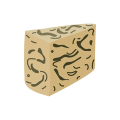 Roquefort, gorgonzola or Stilton cheese with noble blue mold, illustration of a large piece of triangular cheese. flat illustration of a large piece of cheese small pieces split off from the main one