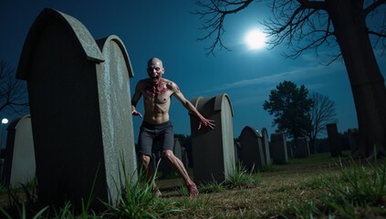 Zombies rising from graves on spooky Halloween night with a full moon and eerie graveyard atmosphere