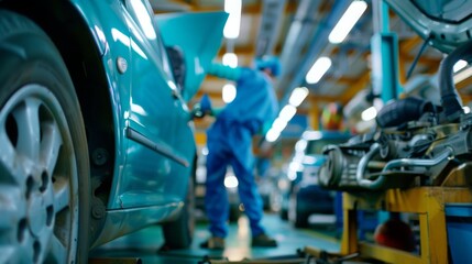 Fototapeta premium Mechanic inspecting engine with tools scattered around, symbolizing vehicle malfunction and repair process.