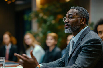 A middle aged Black executive presents risk management strategies to a group of diverse executives, including young adults and seniors. The atmosphere is engaging, with technology enhancing the