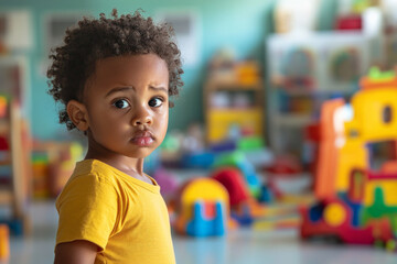 A 3 year old African American child standing quietly in a busy kindergarten, looking confused, surrounded by toys and playmates, but feeling isolated. Bright colors fill the room.