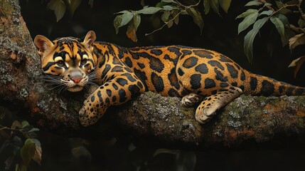 A resting jaguar on a mossy tree branch in a lush environment.