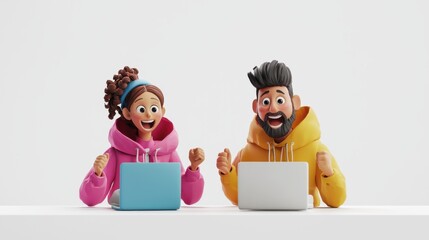 3D Render of a couple excitedly comparing online deals on their laptops, minimalist white background