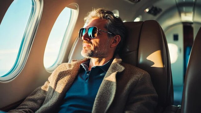 A man wearing sunglasses sits in a private plane, looking out the window at the clouds