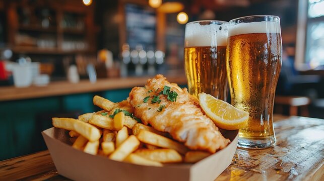 classic fish and chips with a beer served in a cozy pub, featuring crispy fried fish and golden chips on a wooden table, showcasing traditional English pub cuisine