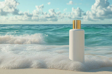 An elegant body soap bottle packaging mockup with a shiny gold cap, set against a serene tropical beach background with soft waves and sandy shores, evoking a sense of relaxation and luxury.