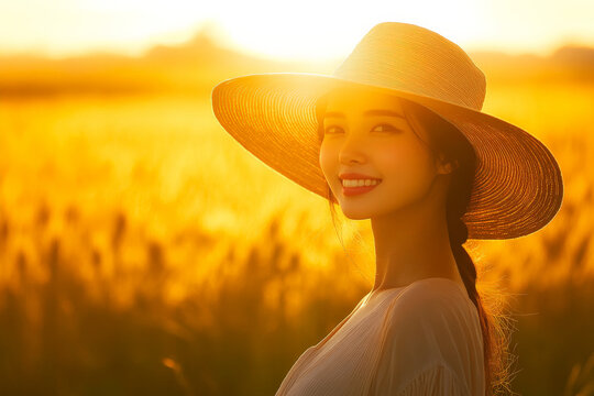 A cheerful Japanese woman in a wide brimmed sun hat, basking in the sunlight in an open, golden field, with bright sunlight illuminating her silhouette.