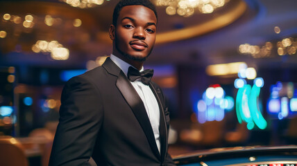 A young adult Black male croupier in an elegant casino, standing confidently at the roulette table under soft blue and gold lighting. His sharp tuxedo contrasts with the luxurious casino setting.