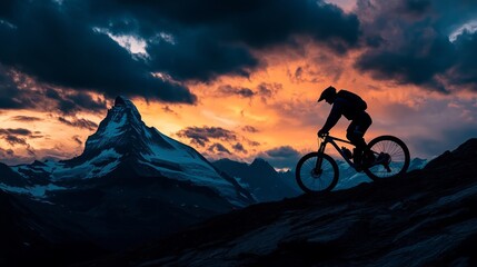 Obraz premium A mountain biker silhouetted against a dramatic sky, with the iconic matterhorn summit in the background, symbolizing adventure and exploration during summer biking season.