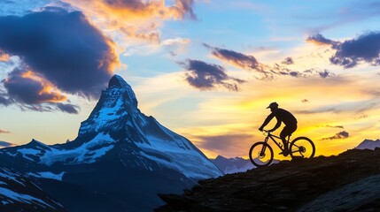 Fototapeta premium A mountain biker silhouetted against a dramatic sky, with the iconic matterhorn summit in the background, symbolizing adventure and exploration during summer biking season.
