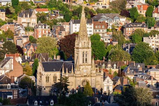 Aerial view of Saint Andre church, in Mont-Saint-Aignan, next to Rouen, Normandy, France