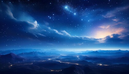Fototapeta premium 夜空 星 山 光 街並み 風景 銀河 宇宙 青 空 雲 夜景 幻想 風光明媚 夕暮れ 地平線 星空 雰囲気 静寂 ロマンチック