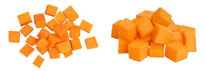 butternut squash diced isolated on white background with full depth of field. Top view. Flat lay