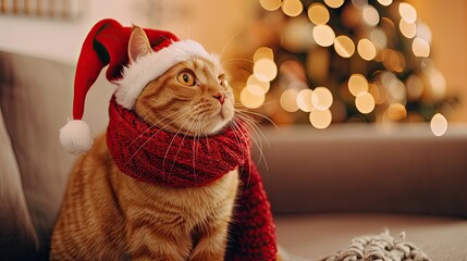 Warm cozy ginger cat with red scarf and Santa's hat sitting on vintage sofa on blurred home background with copy space, Merry Christmas card wallpaper