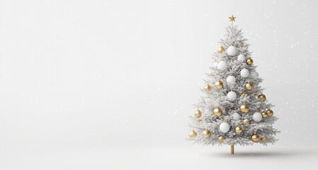 Silver Christmas tree decorated with silver and gold decorations on a white background. New Year card with copy space for text and snowflakes falling.