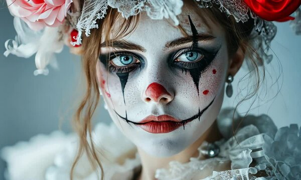 表情を変えずに画面を見つめる不気味なピエロメイクの美しい女性のクローズアップ