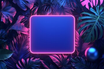 A neon blue rectangle with pink lighting on a dark background, surrounded by tropical leaves and spheres, features an empty space in the center for text or product display.