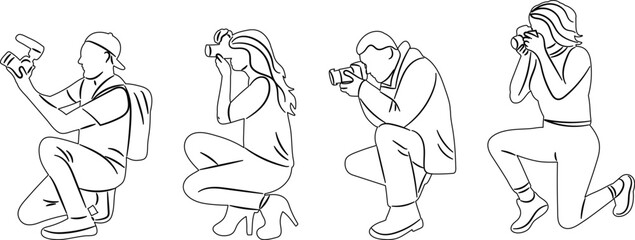 people sitting taking pictures sketch on white background, vector