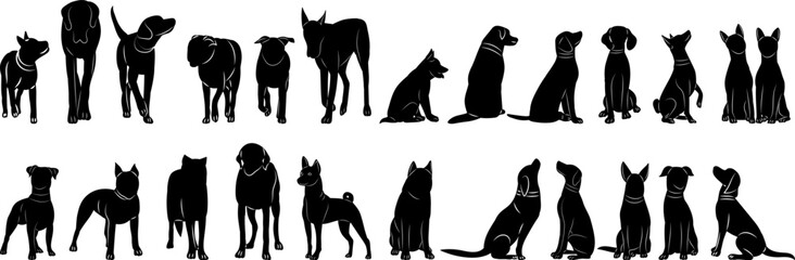 set of dogs of different breeds silhouette on white background, vector
