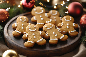 An elegant top view of perfectly iced gingerbread men cookies on a dark wooden platter, surrounded by bright and shiny Christmas ornaments, creating a cheerful holiday scene full of warmth.