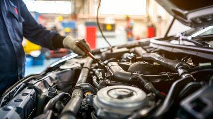 Fototapeta premium Mechanic inspecting engine with tools scattered around, symbolizing vehicle malfunction and repair process.