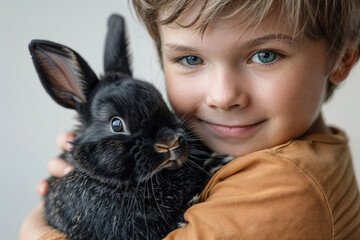 A young boy happily hugs his pet black Dutch dwarf rabbit. Generative AI