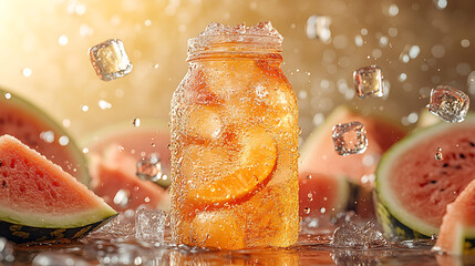 Refreshing product photo of iced tea in a pitcher, featuring vibrant watermelon slices. Bright colors and summer vibes make this drink appealing and thirst-quenching.


