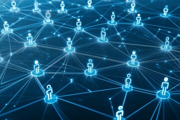 Futuristic Recruitment Network, holographic profiles interlinked by digital lines, showcasing talent acquisition and HR innovation against a tech-inspired backdrop.