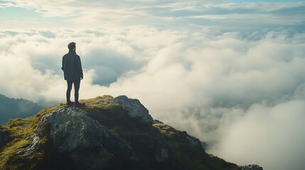 A man enjoying a peaceful moment on a mountaintop, taking in the vast view of the landscape and the clouds below