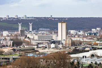 ROUEN, NORMANDY, FRANCE: aerial view of Rouen, left bank of the Seine river, with 