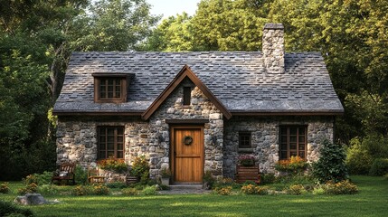 Fototapeta premium rustic Georgian cottage with a gabled porch and wooden door in a stone exterior, representing traditional architecture and countryside charm, perfect for a historic and charming rural dwelling