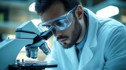 A scientist examining a sample under a microscope in a bright laboratory, showcasing modern research techniques.
