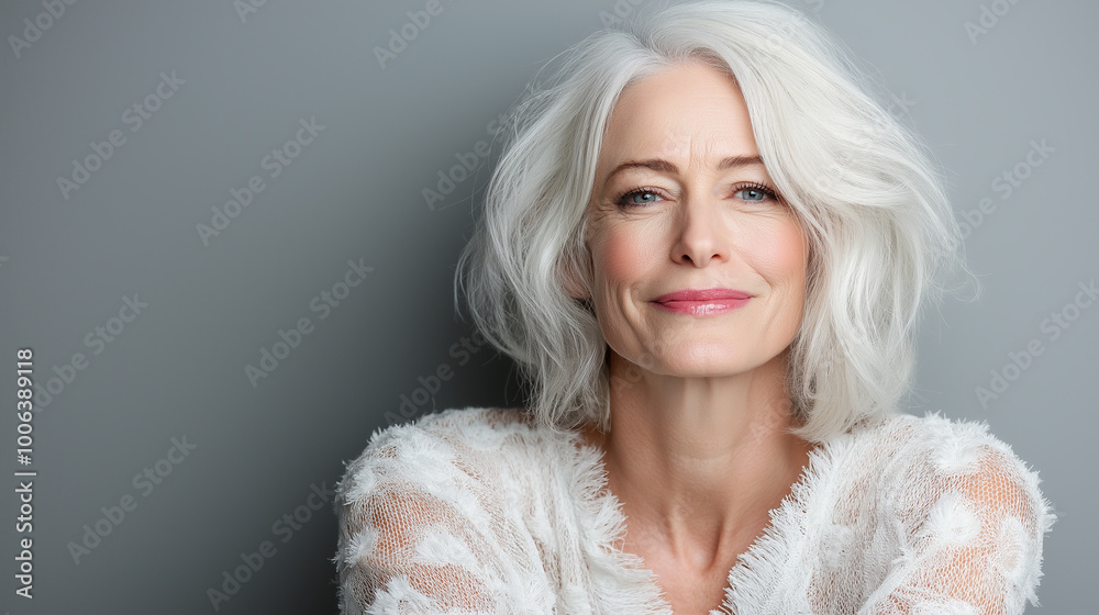 Wall mural a radiant portrait of a woman with white hair, exuding confidence and elegance, dressed in soft text