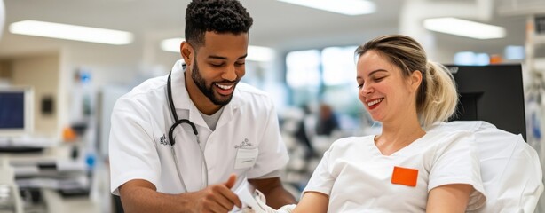Obraz premium Joyful Moment Between Nurse and Patient in Hospital
