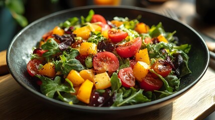 Colorful and nutritious vegetable salad served in a rustic wooden bowl,featuring a mix of fresh greens,tomatoes,peppers,onions,and other seasonal produce.