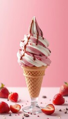 Delicious soft-serve ice cream cones and sundaes with fresh strawberries, sprinkles, and syrup, perfect for dessert promotions.