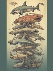 Illustration of various shark species arranged vertically.